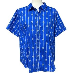 Liz Claiborne Blue Short Sleeve Button Down Shirt with White Pattern